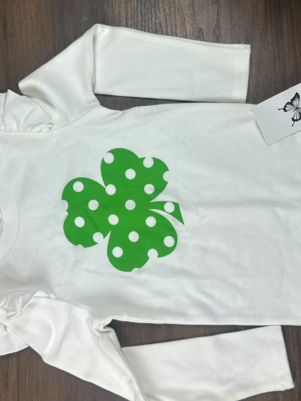 Kids White Long-Sleeve Top with Green Polka Dot Clover
